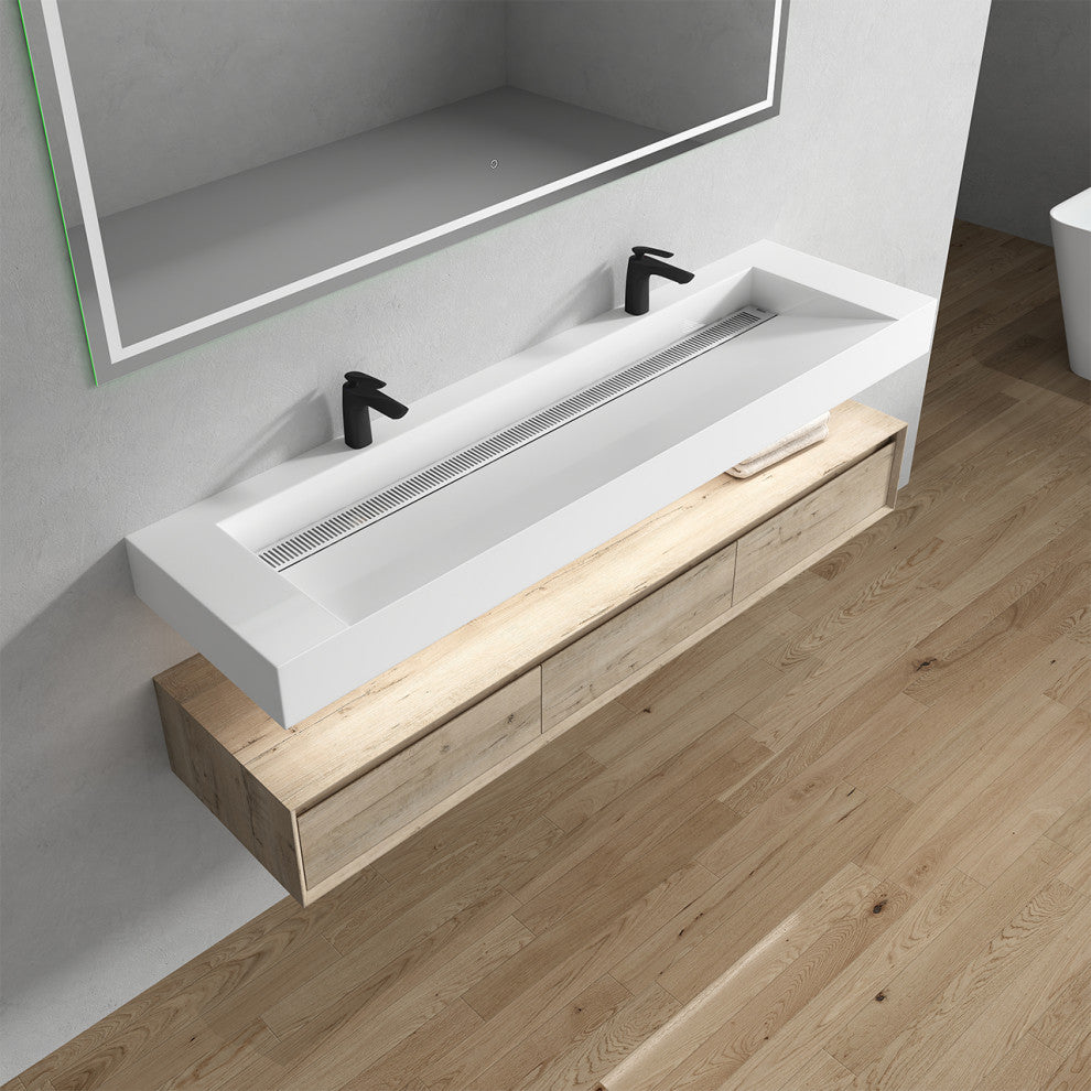 Alysa 72" Floating Bath Vanity, Acrylic Sink/Double Faucet Hole, Light Oak