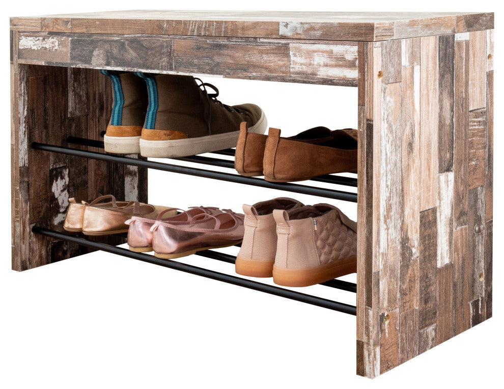 Two-Tier Industrial Decorative Shoe Bench, Distressed Wood Finish