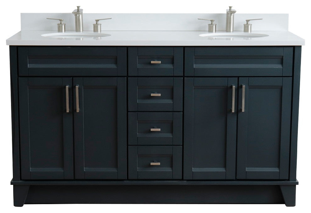 61" Double Sink Vanity, Dark Gray Finish And Engineered Stone Top And Oval Sink