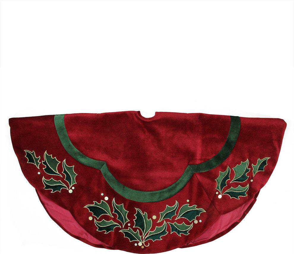 48" Embroidered Metallic Red and Green Holly Scalloped Velvet Christmas Tree Ski