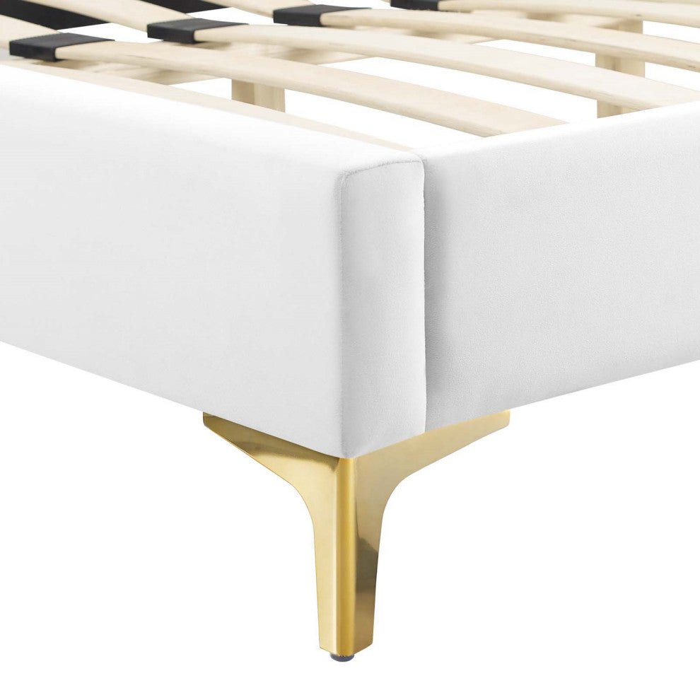 Tufted Platform Bed Frame, Queen Size, Velvet, White, Modern Contemporary