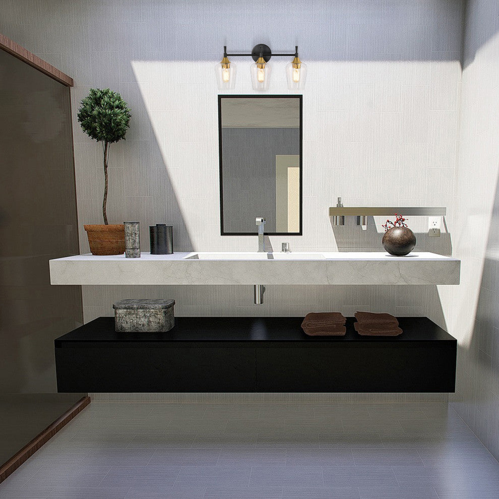 21 in. 3-Light Black and Antique Brass Vanity Light With Clear Wine Glass Shades