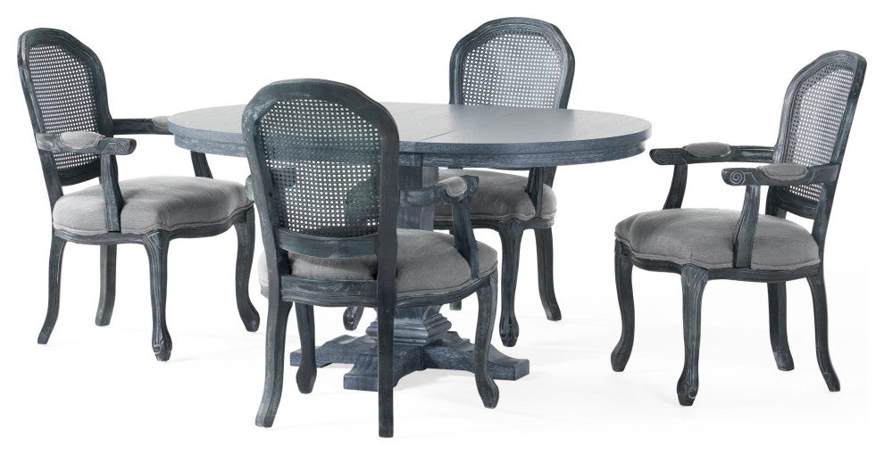 Mariette French Country Wood and Cane 5 Piece Expandable Oval Dining Set, Gray/Gray