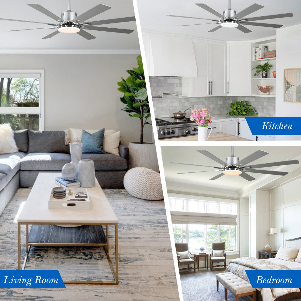 Large 72" Modern 8 Wood Blades Ceiling Fan w Dimmable LED Light Kit , Chrome