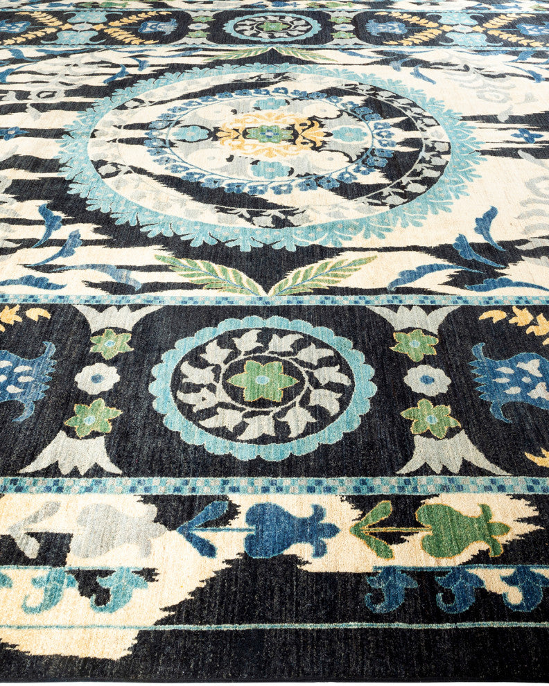Suzani, One-of-a-Kind Hand-Knotted Area Rug  - Black, 12' 2" x 17' 7"