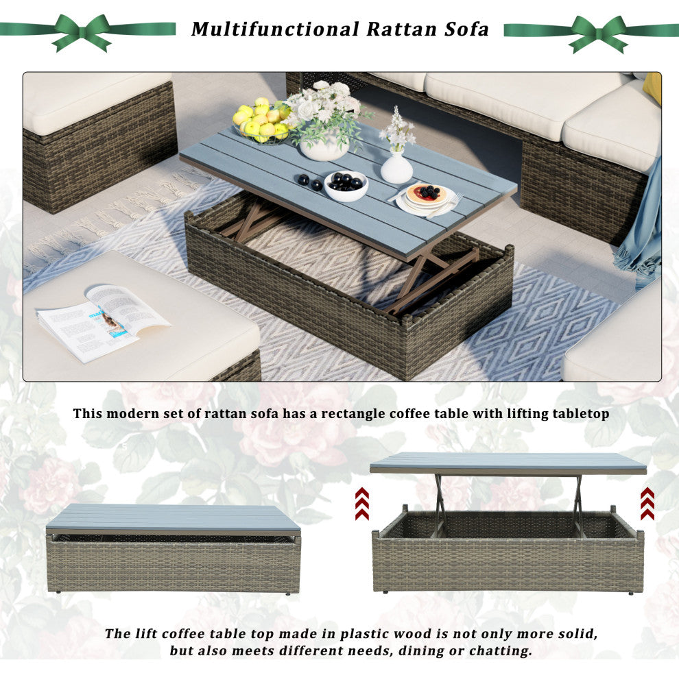 5-Piece Outdoor Wicker Patio Sofa with Ottomans and Lift Top Coffee Table, Gray