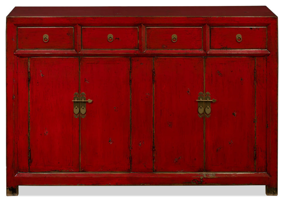 Distressed Red Elmwood Chinese Ming Sideboard