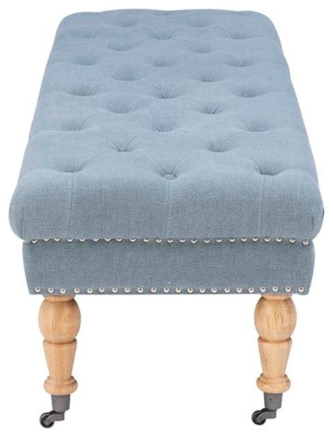 Linon Isabelle Upholstered 62" Long Bench Wood Legs in Washed Blue Linen Fabric