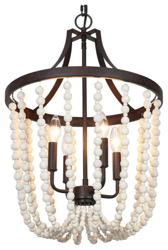 LNC 4-Lights Bohemian Rustic Bronze and Coastal Distressed Wood Beads Chandelier