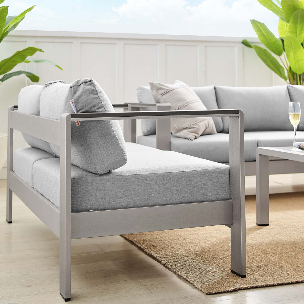 Sectional Sofa Chair Table Set, Sunbrella, Aluminum, Silver Gray, Outdoor