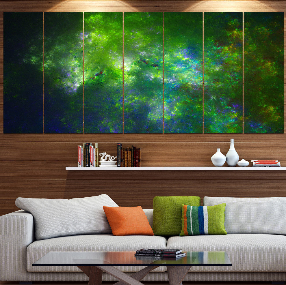 Green Fractal Sky with Blur Stars, Abstract Canvas Art Print, 83"x32", 7 Panels