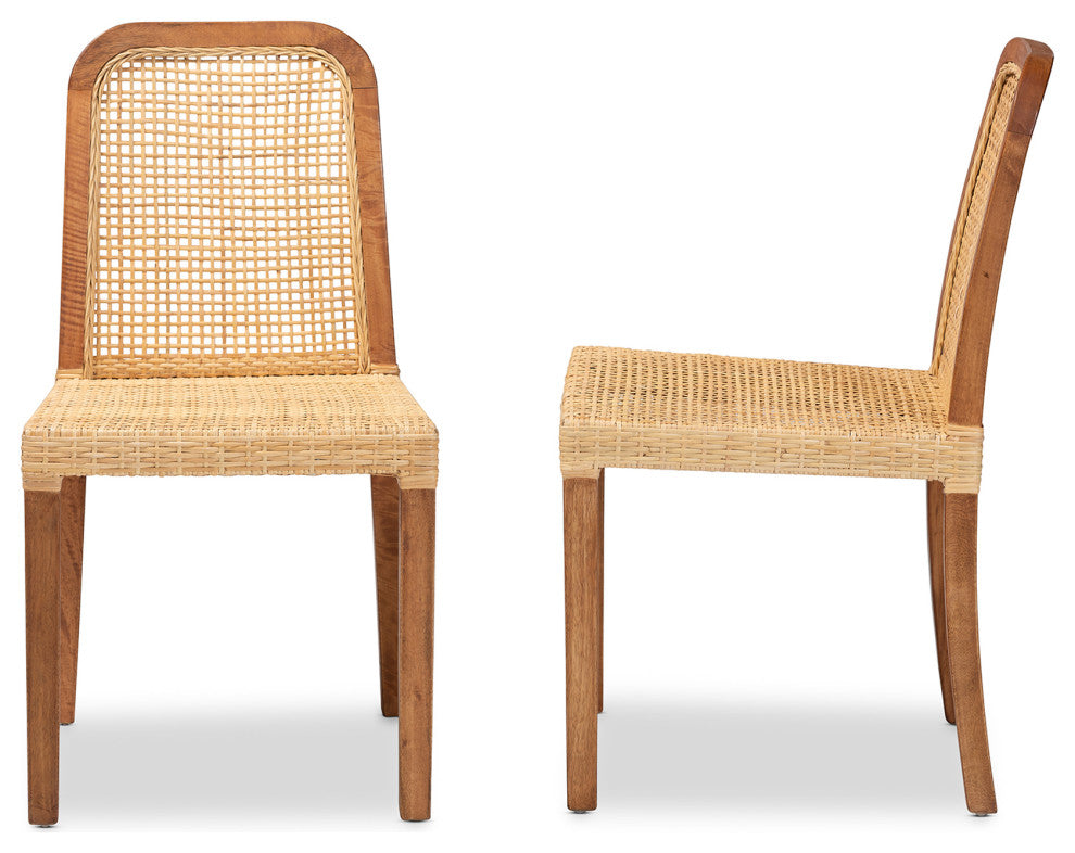 Caspia Modern Walnut Brown Finished Wood and Natural Rattan Dining Chair Set