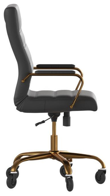 Whitney High Back Executive Swivel Office Chair with Black Frame & Arms, Black Leathersoft/Gold Frame