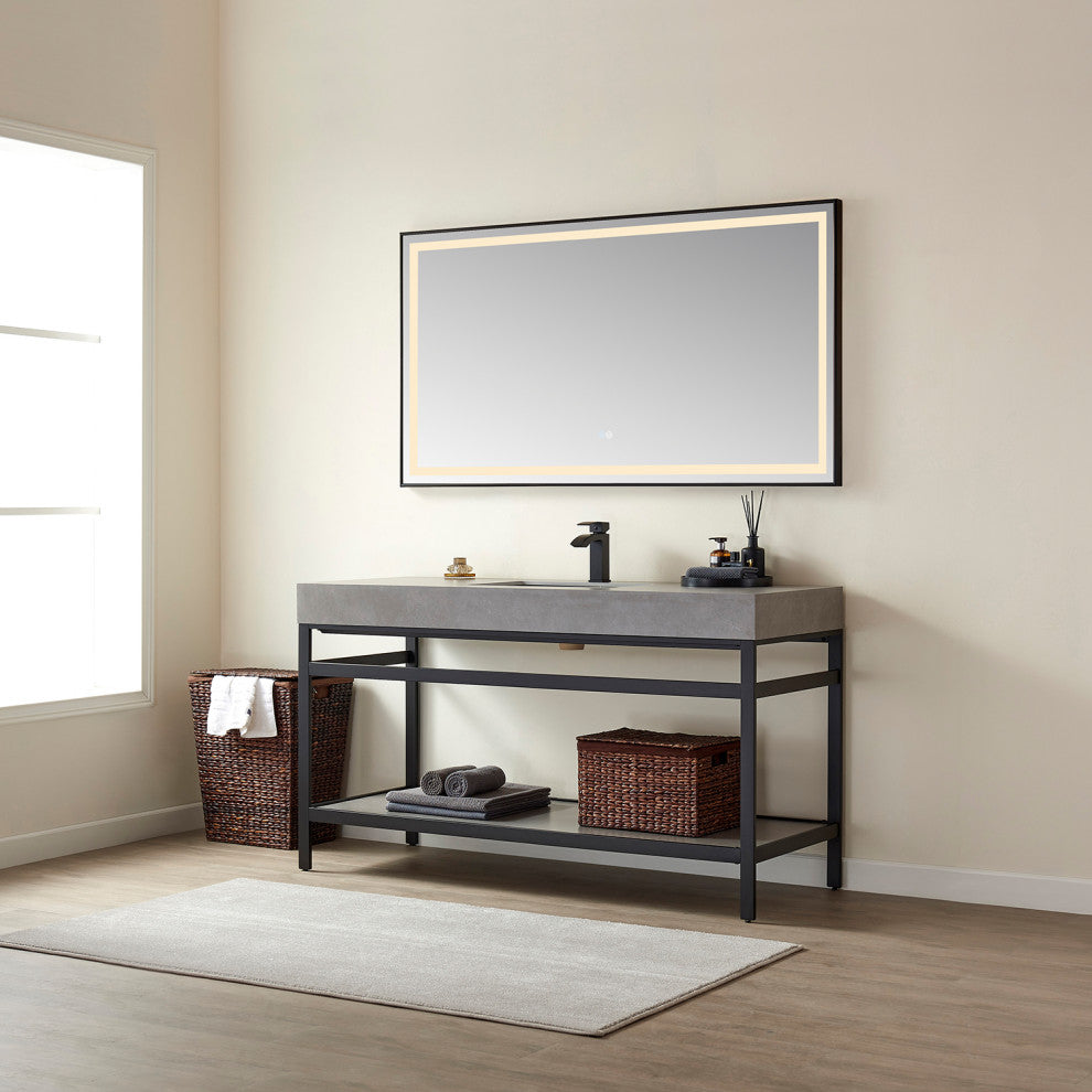 Funes Bath Vanity without Mirror, Matte Black Hardware, Double Sink, Grey Stone Top