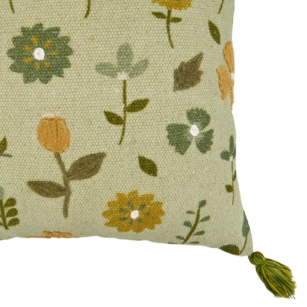 Down Filled Throw Pillow With Embroidered Floral Design, 20"x20", Green