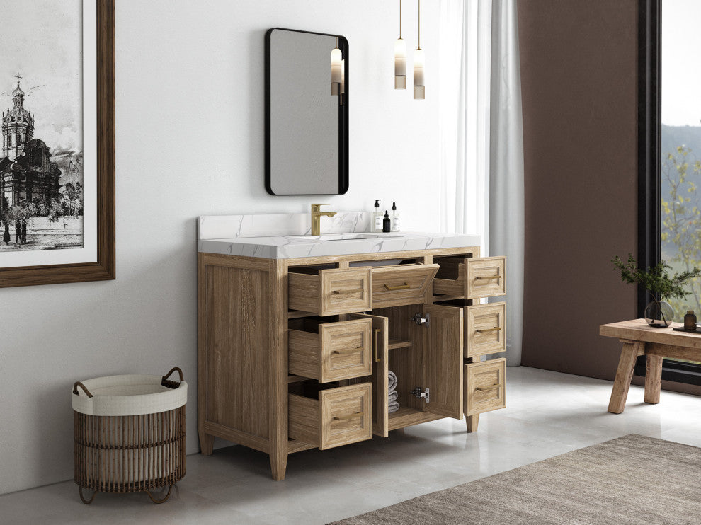 Santa Monica 48 Single Sink Bath Vanity in Whitewashed Teak 2" Carrara Quartz
