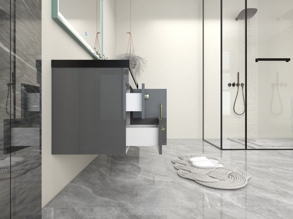 Rosa 48" Wall Mounted Modern Vanity, High Gloss Gray, Matt Black Top