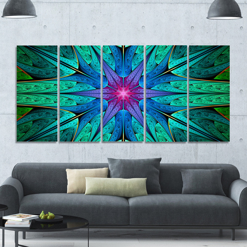 Turquoise Star Fractal Stained Glass, Abstract Canvas Print, 60"x28", 5 Panels