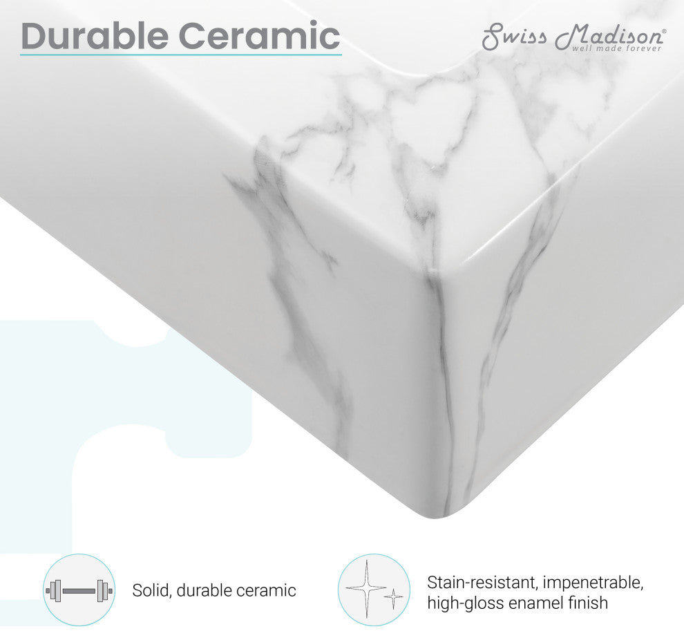 Voltaire Wide Rectangle Vessel Sink, White Marble