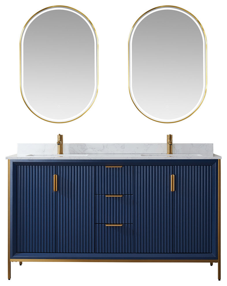 Granada Vanity With White Composite Stone Top, Royal Blue, 60", With Mirror