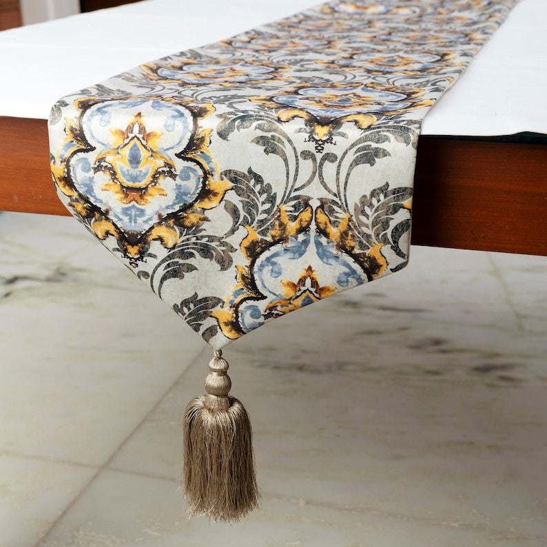 Handmade Table Runner Yellow Satin 14"x60", Damask with Tassels, Flaring Damask