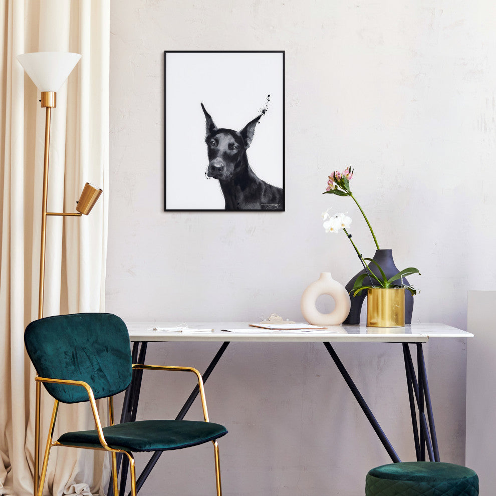 "Doberman" Black and White Pet Paintings on Printed Glass With Anodized Frame