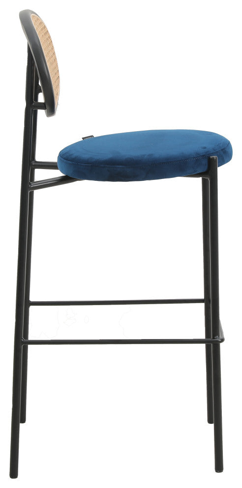 LeisureMod Euston Wicker Bar Stool With Black Steel Frame Set of 2, Navy Blue