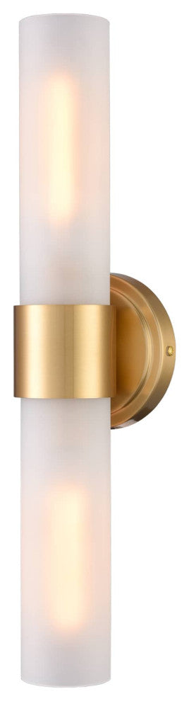 Modern Gold Bathroom Sconces Cylinder Frosted Glass, 2-Light