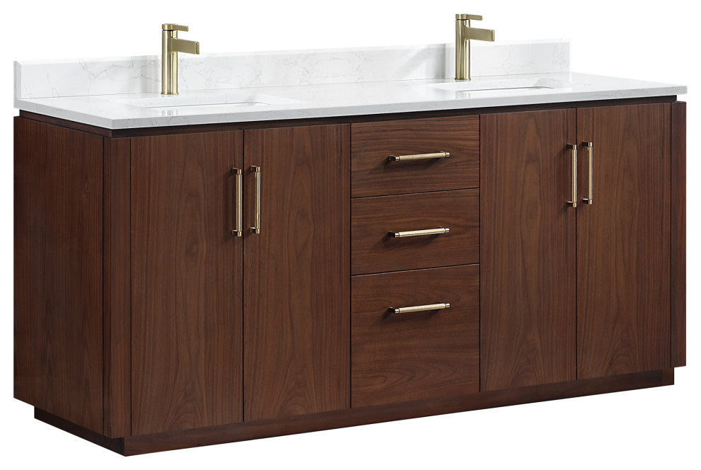 San Bath Vanity with Stone Top, Natural Walnut, 72", Double Vanity, No Mirror