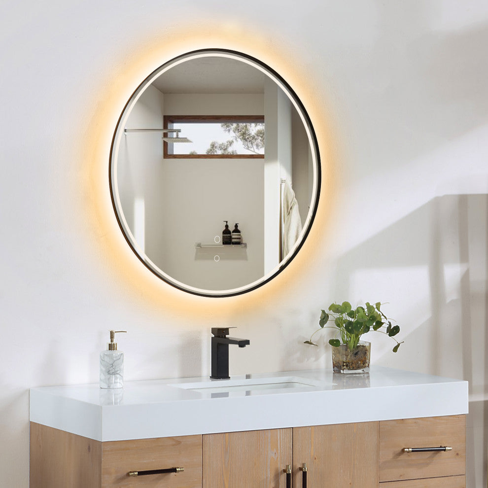 Palme Round Framed Bathroom/Vanity LED Lighted Wall Mirror, Matte Black, 32"