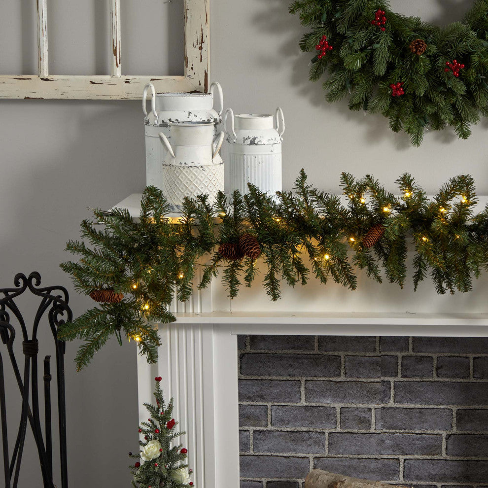6' Mixed Alaskan Pines and Pinecones Faux Xmas Garland 50 Warm White LED Lights