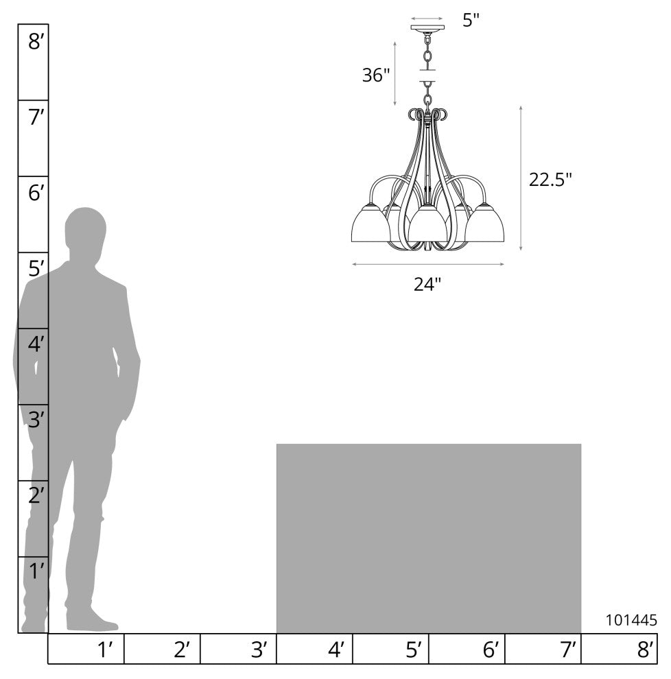 Sweeping Taper 5 Arm Chandelier, Natural Iron Finish, Opal Glass