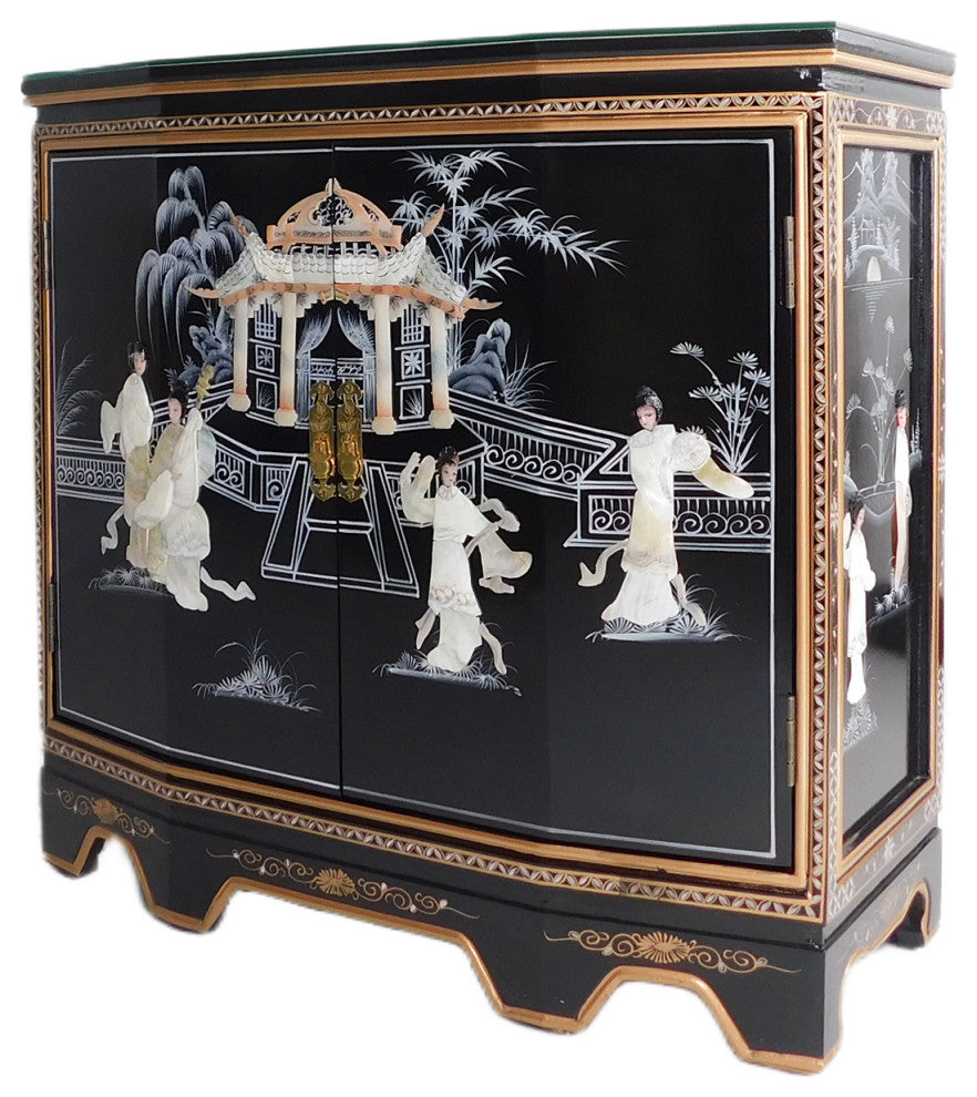 Oriental Slant Front Cabinet With Mother of Pearl, Hand Painted Black With Mother of Pearl