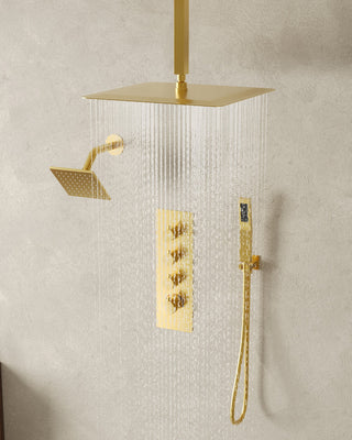 Dual Heads Shower System 16" Rain Shower Head with 4 Way Thermostatic Faucet, Brushed Gold