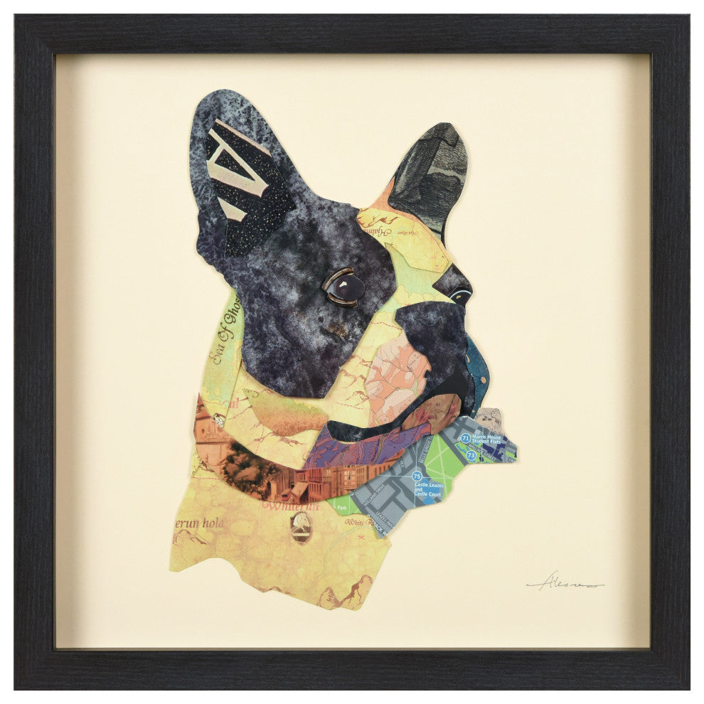 Boston Terrier Dog Dimensional Handmade Collage Wall Art Framed Under Glass