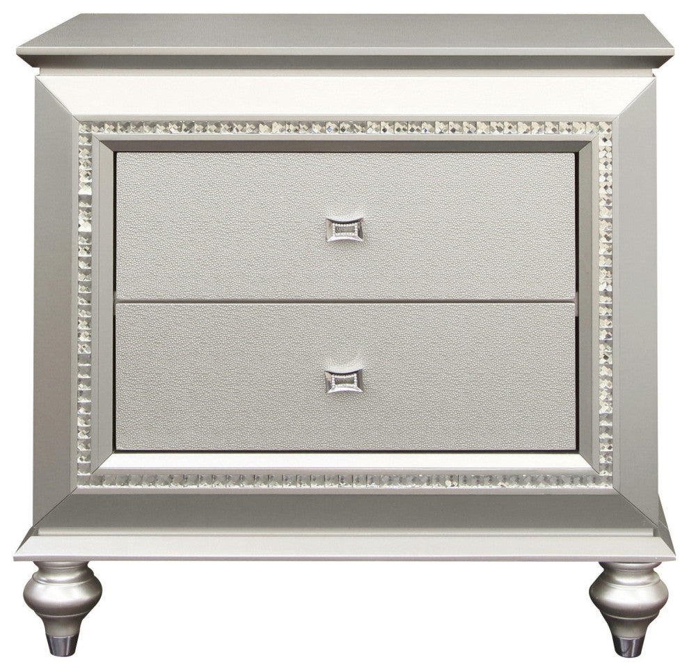 2 Drawer Spacious Nightstand with Mirror Beveled Pulls, Silver