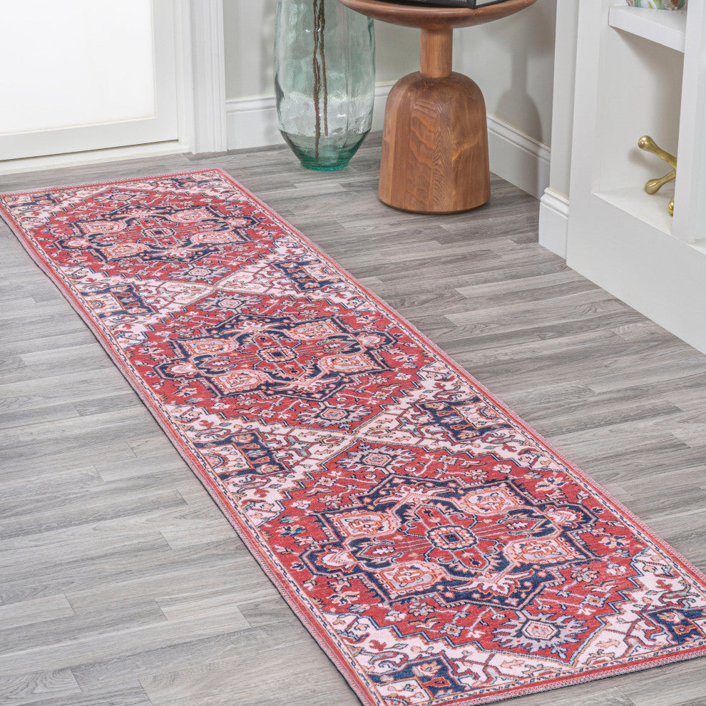 Cirali Ornate Large Medallion Machine Washable Indoor Area Rug, Red/Navy, 2 X 8