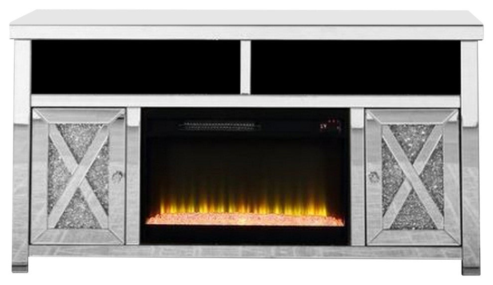 Benzara BM269586 TV Stand, Electric Fireplace & Beveled Mirror Framing, Silver