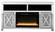 Benzara BM269586 TV Stand, Electric Fireplace & Beveled Mirror Framing, Silver