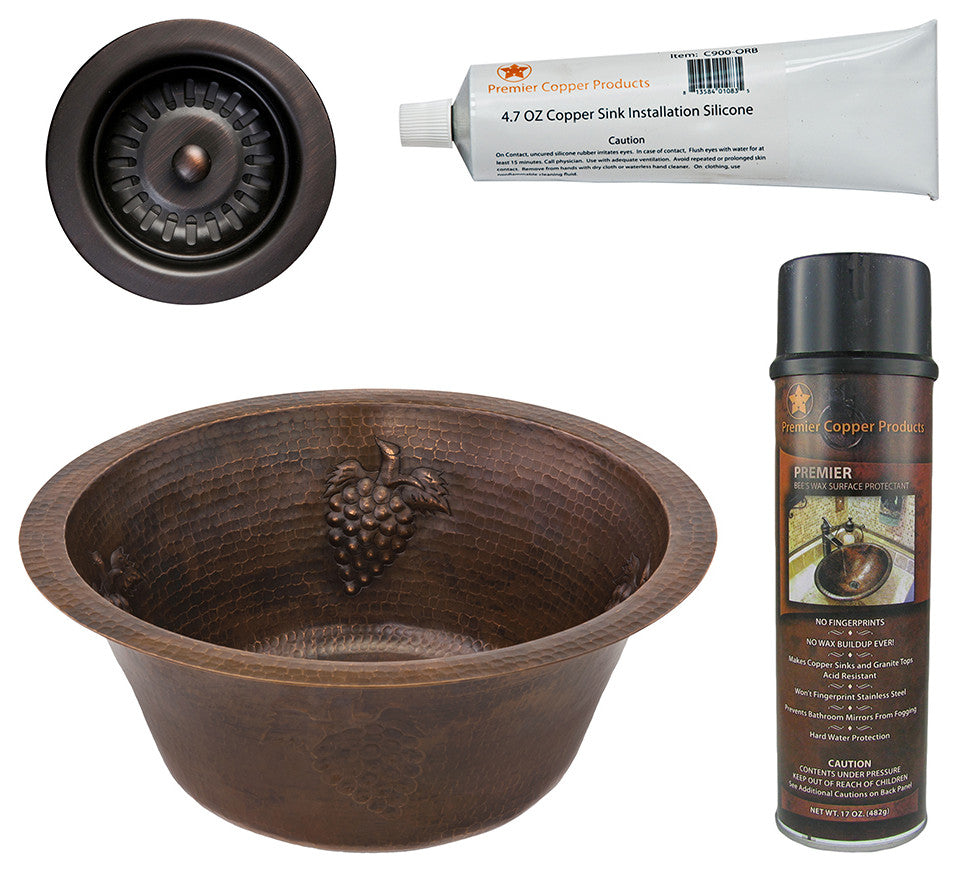 16" Round Copper Prep Sink, Grapes & 3.5" Drain Opening, Drain & Accessories