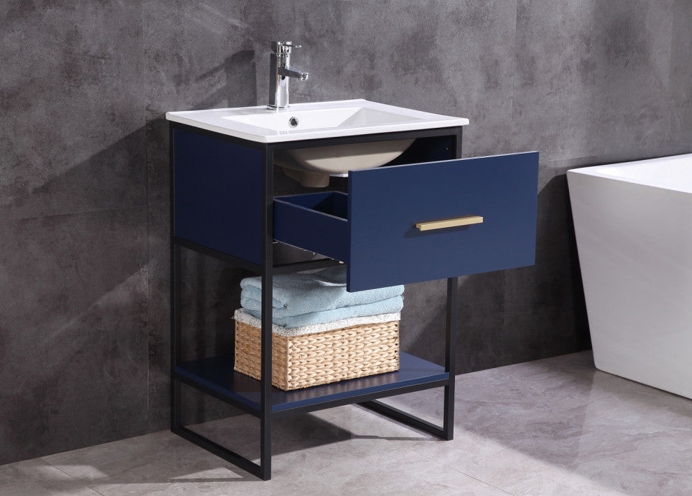 24" Blue Finish Sink Vanity With Black Metal Frame, PVC