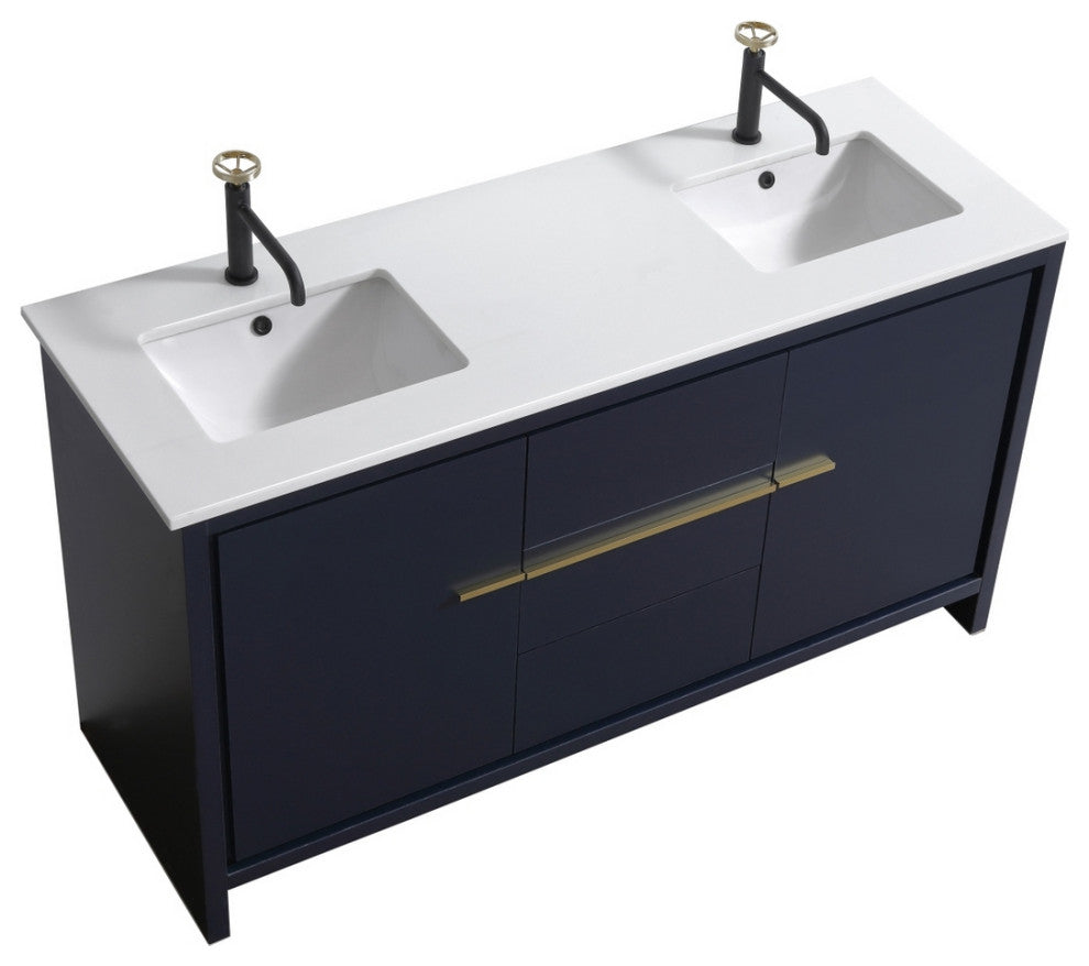 Dolce 60" Double Sink Vanity, White Quartz Countertop, High Gloss White, Blue