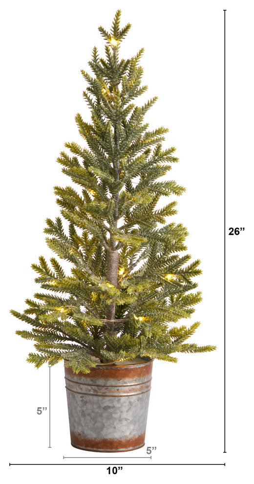 26" Pine Natural Look Faux Xmas Tree W/ 35 White Lights, Rustic Metal Planter