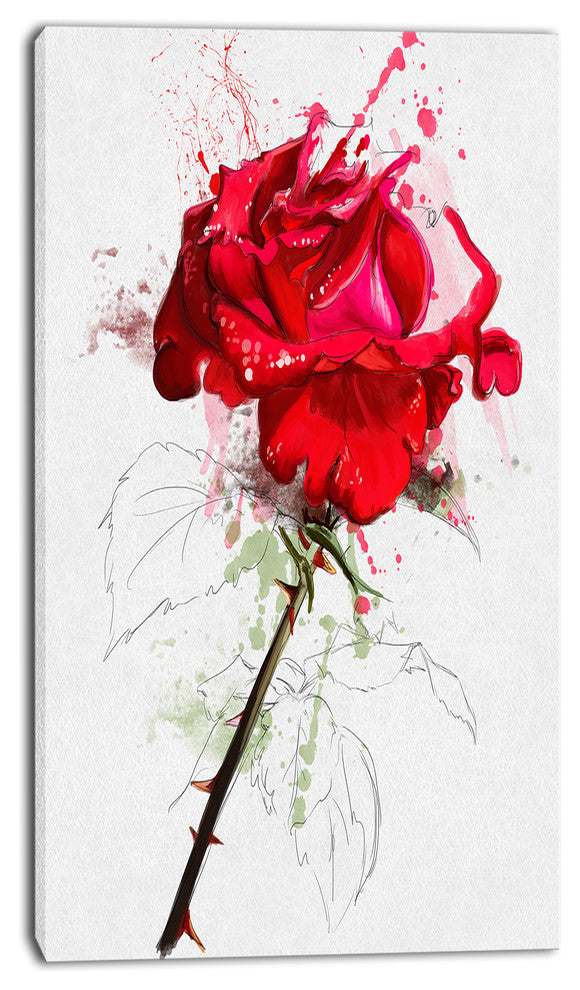 Rose Sketch with Stem on White, Flower Artwork on Canvas, 16"x32"