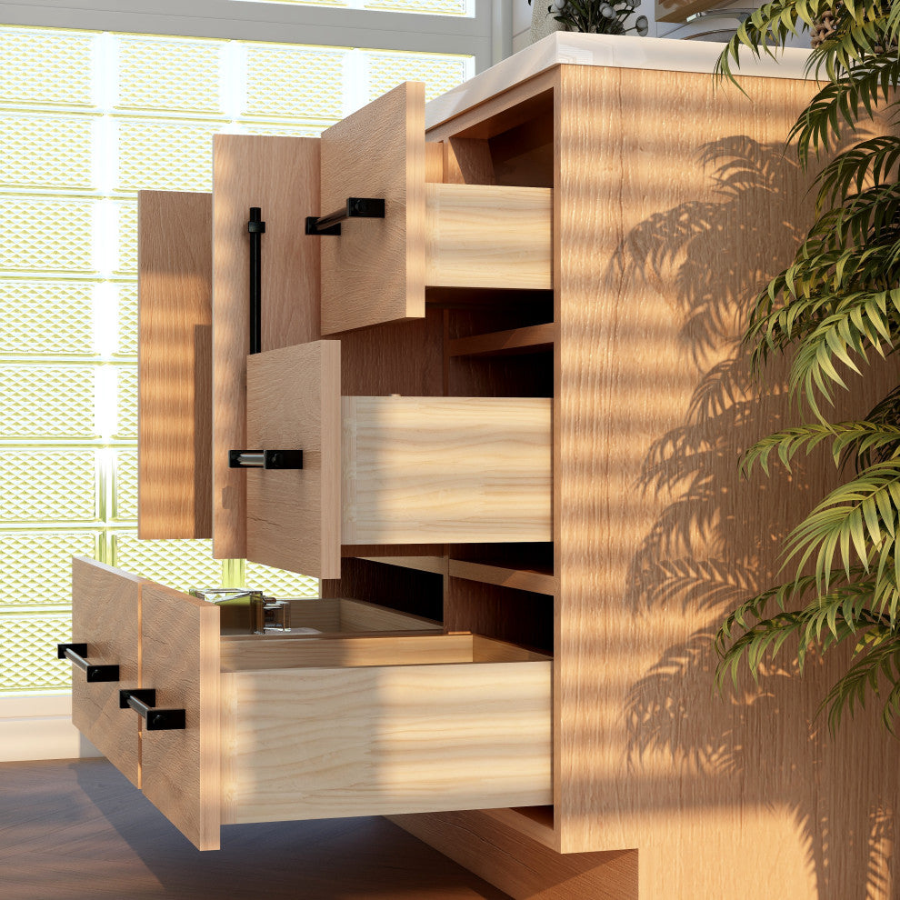 Victoria 36" Solid Wood Bath Vanity Right Side Drawers, Red Oak