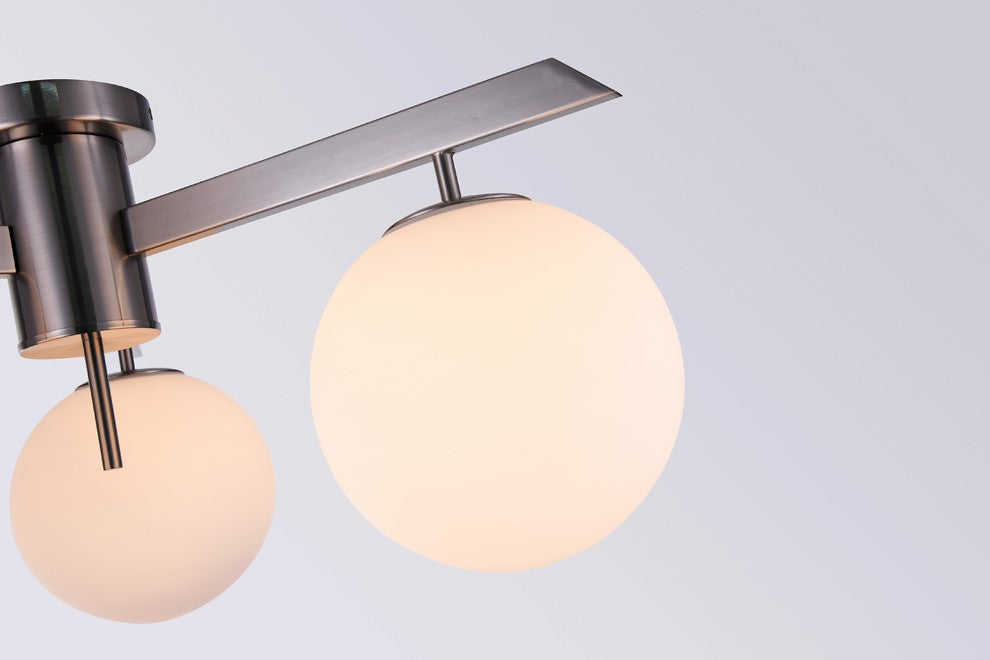 Flush Mount With Milk White Glass Globes, Shiny Nickel