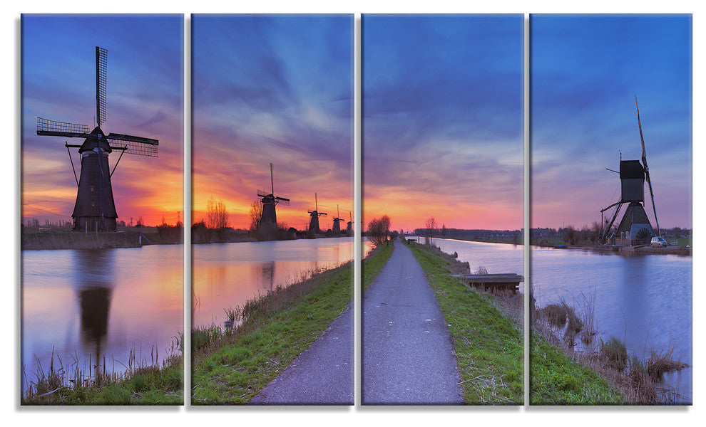Windmills Morning Panorama, Abstract Canvas Art Print, 48"x28", 4 Panels
