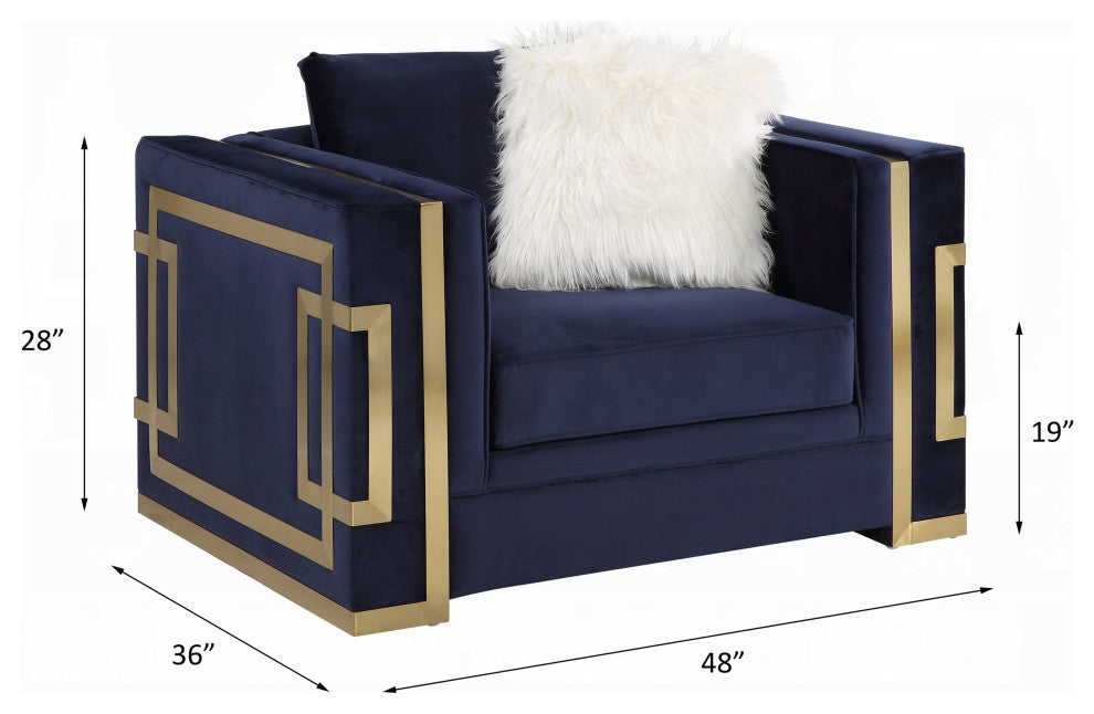 ACME Virrux Chair With 2 Pillows, Blue Velvet and Gold