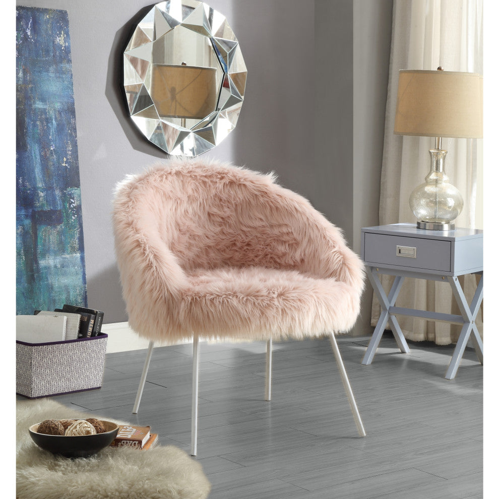 Connor Faux Fur Accent Chair, White Powder Coated Metal Leg, Rose