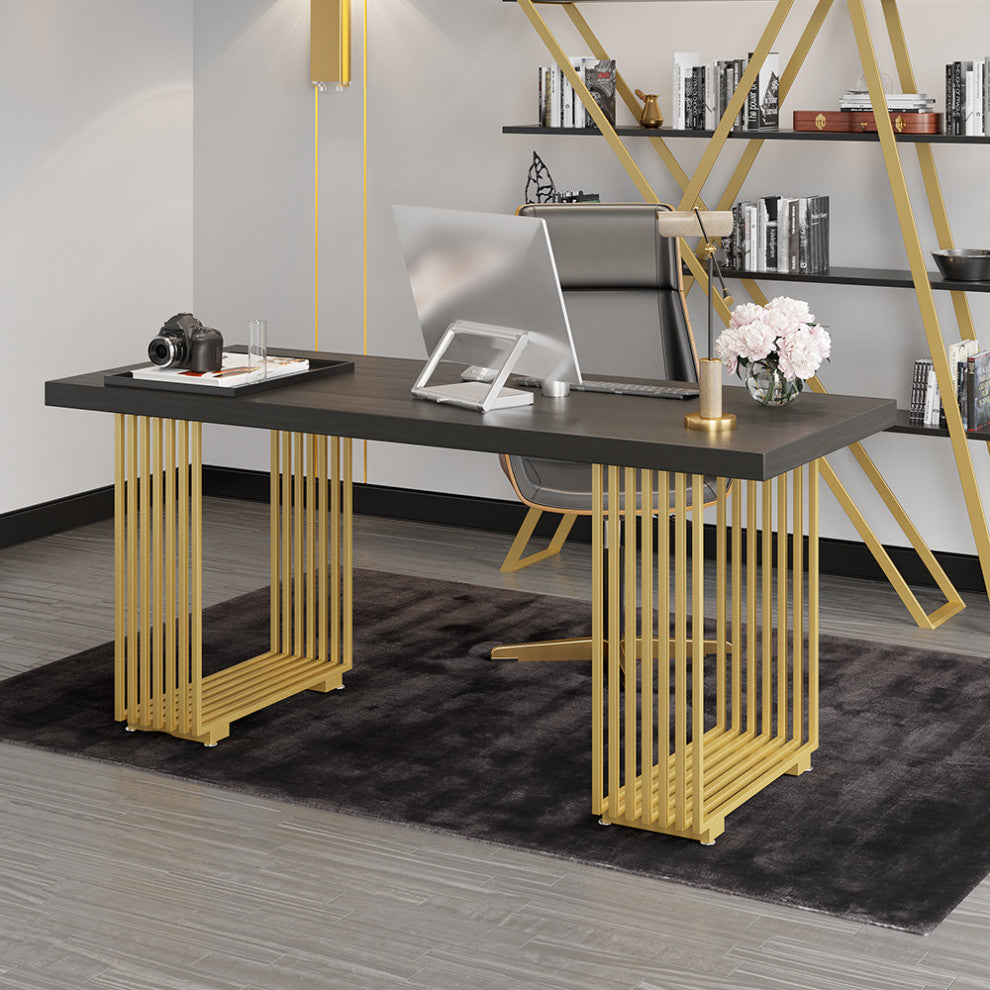 Modern Black Computer Desk Rectangular Desk with Solid Wood Table Top, Small